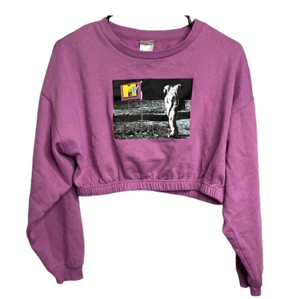 MTV Cropped Sweatshirt S Retro Moon Man Vintage Graphic 80s 90s Y2K 2000s - Picture 4 of 13